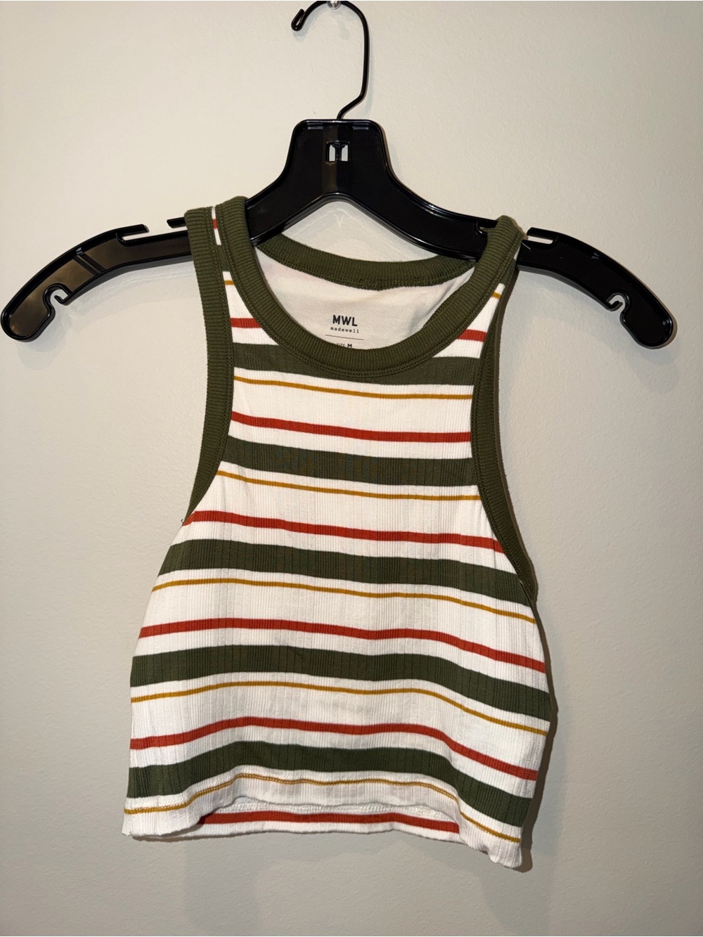 Madewell Olive-Trim Striped Ribbed Crop Tank